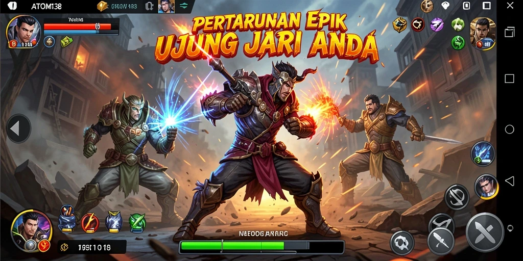 Tampilan gameplay seru dalam pertarungan ATOM138 yang mendebarkan.