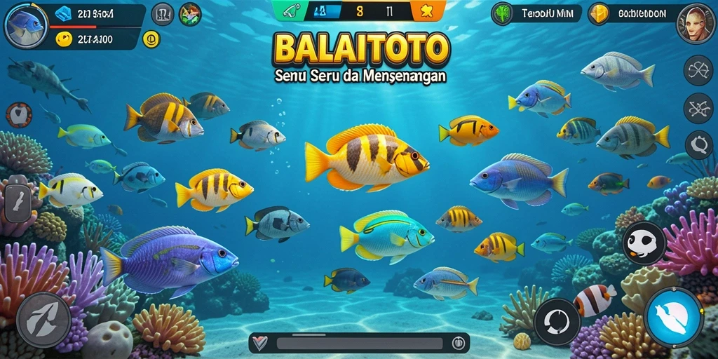 Screenshot BALAITOTO menampilkan gameplay seru dengan ikan berwarna-warni.
