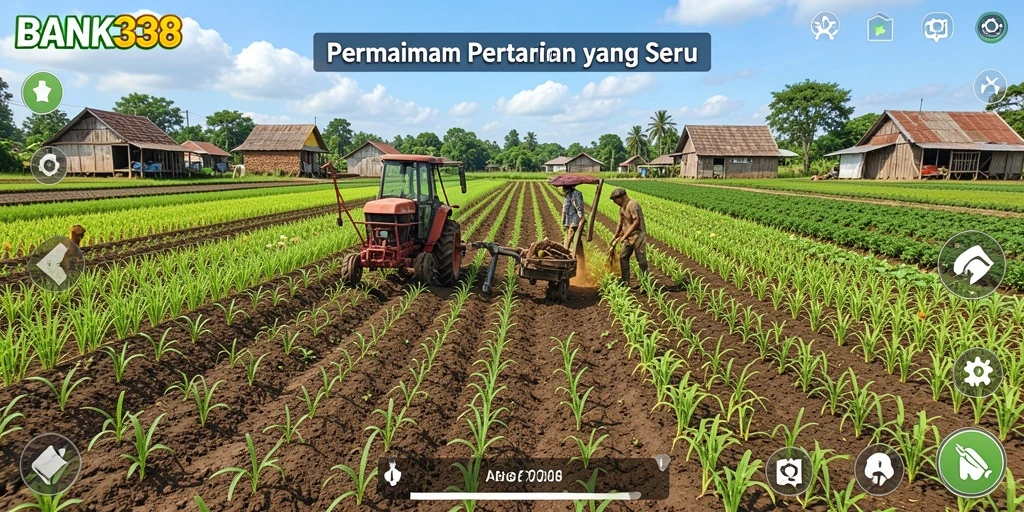 Tampilan gameplay BANK338 yang menampilkan pertanian yang subur dan beragam tanaman.