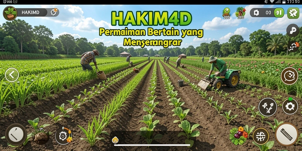 Tangkapan layar gameplay HAKIM4D yang menunjukkan kebun yang subur dan hewan ternak.