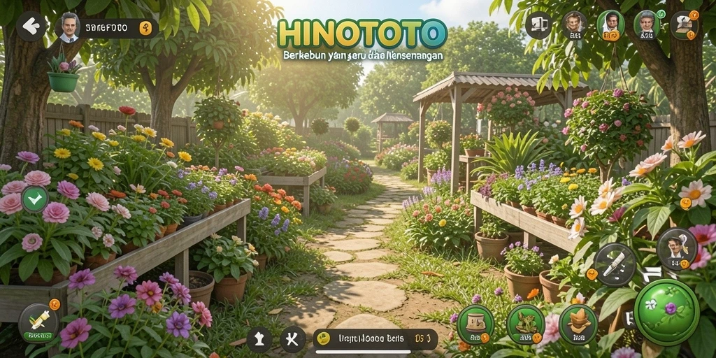 Tangkapan layar gameplay HINOTOTO yang menunjukkan kebun yang subur dan beragam tanaman.