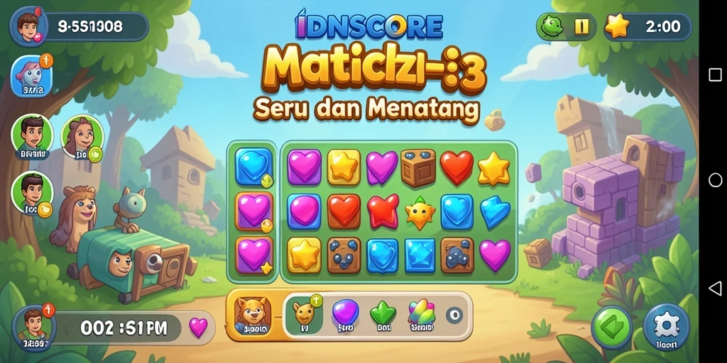 Tampilan gameplay seru di IDNSCORE dengan kombinasi warna-warni.