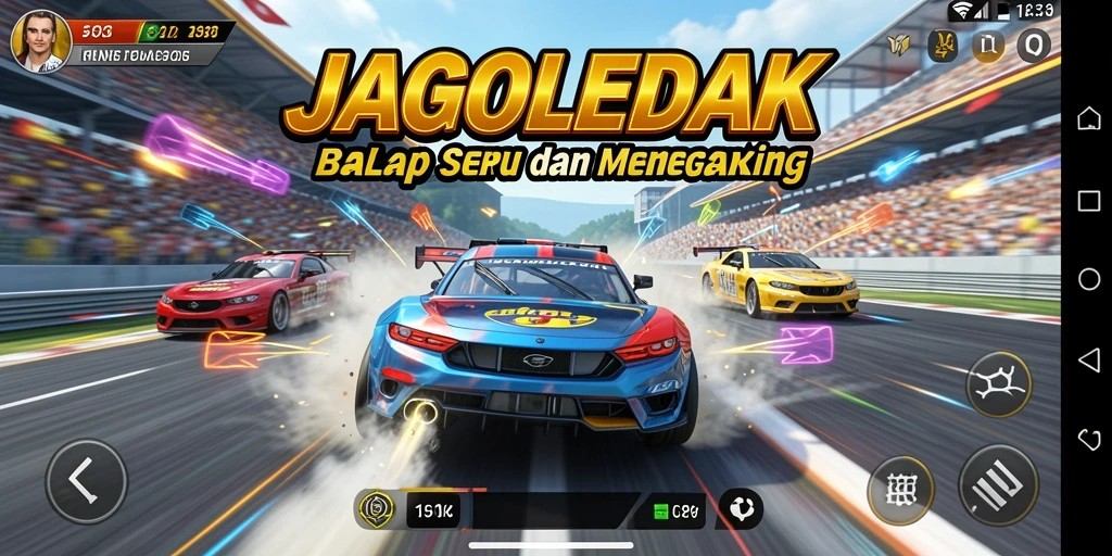 Tampilan gameplay balap seru di JAGOLEDAK dengan mobil yang beraksi.