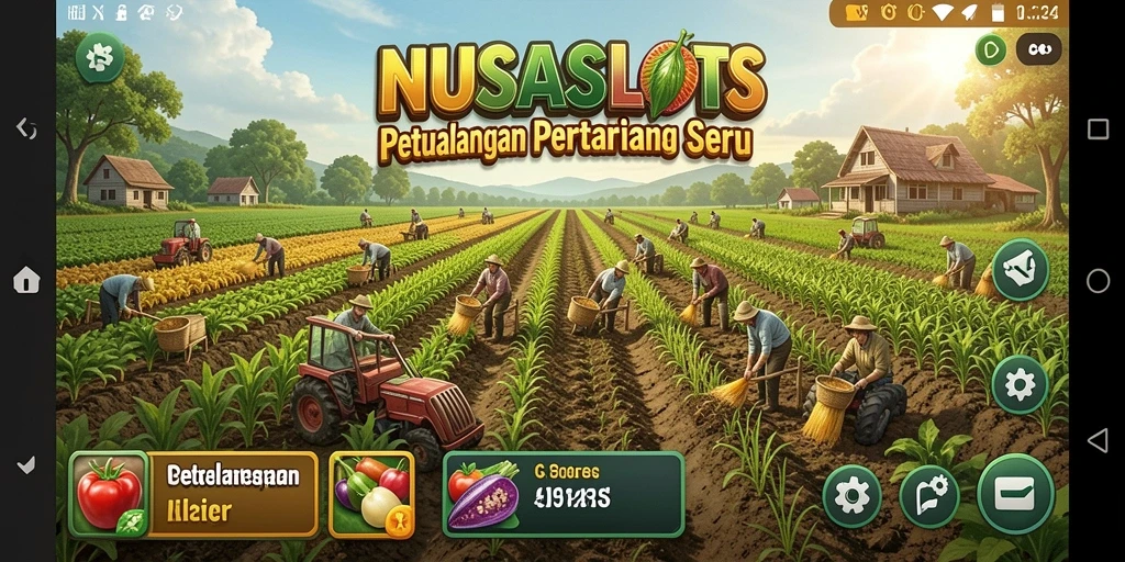 Screenshot NUSASLOTS menunjukkan pemain yang berinteraksi dengan tanaman dan hewan di ladang.