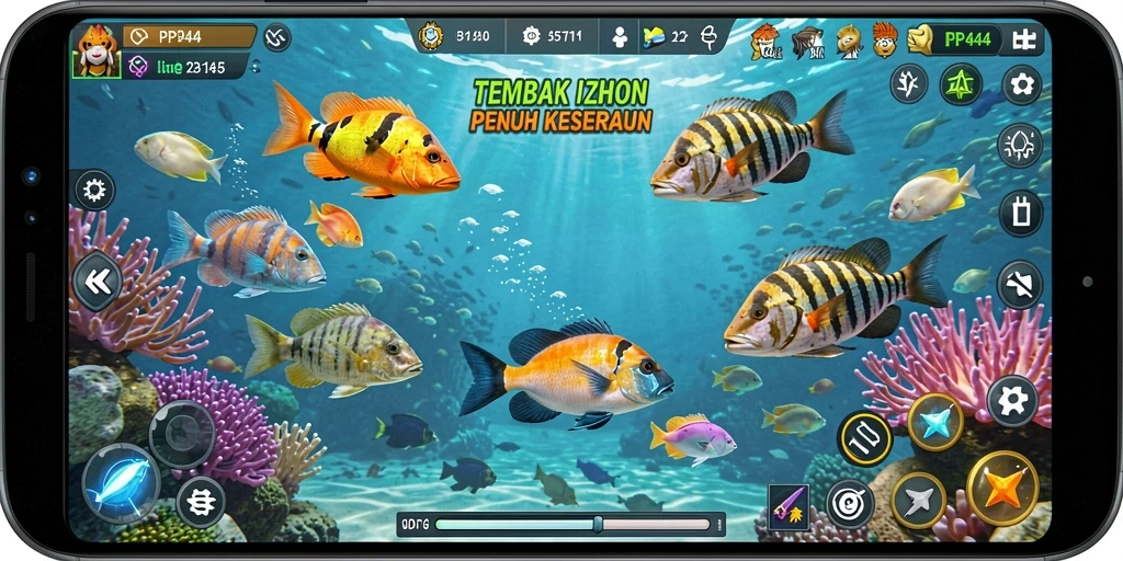 Tampilan gameplay seru dalam PP444 saat menembak ikan-ikan bawah laut.