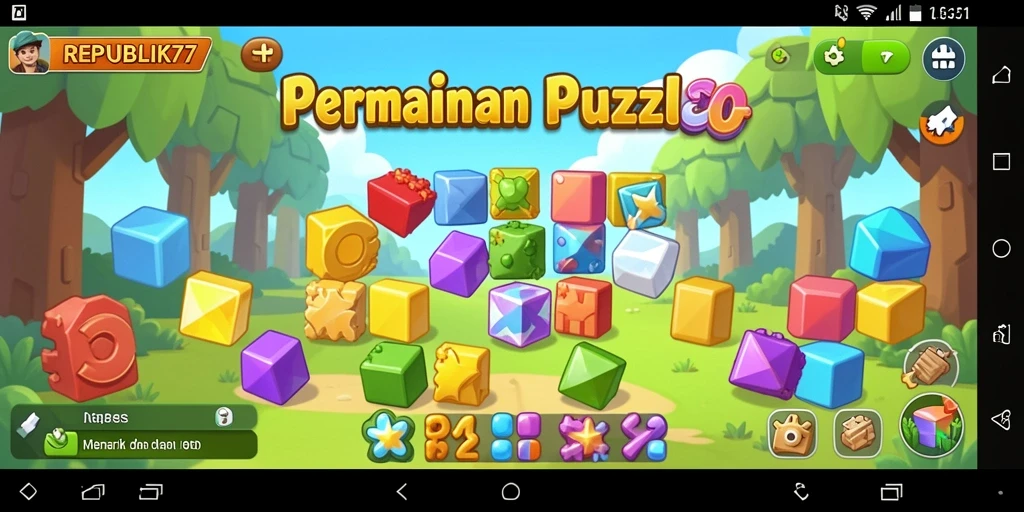 Screenshot gameplay menunjukkan berbagai teka-teki menantang di REPUBLIK77.